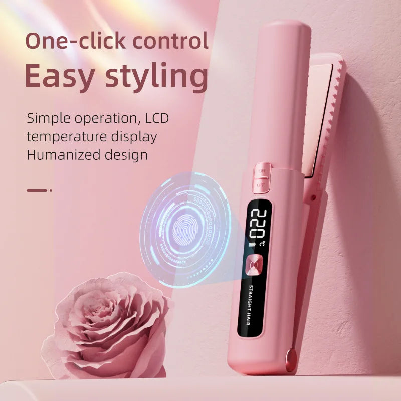 A pink portable dual-switch hair straightener and curler with a temperature display is shown next to a rose flower.