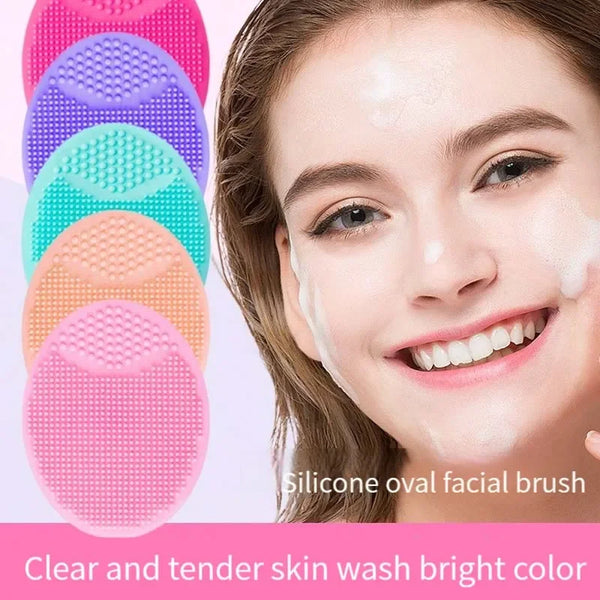 A woman is applying a silicone oval facial brush to her face, showing clear and tender skin wash bright color.