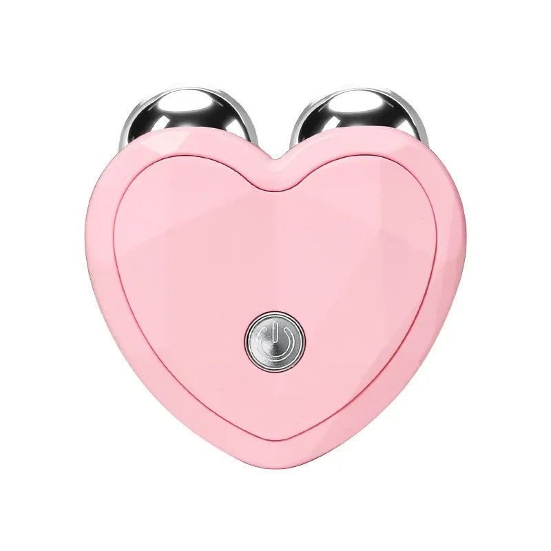 A pink microcurrent facial lifting roller massager with silver rollers.