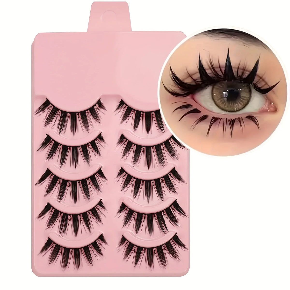 A pink cosmetic palette showing five pairs of dramatic manga style false eyelashes and a close-up of an eye with applied lash