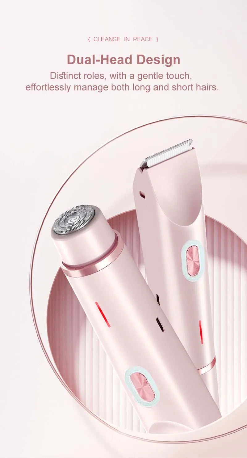 A pink electric body shaver with a dual head design is shown in a circular frame.