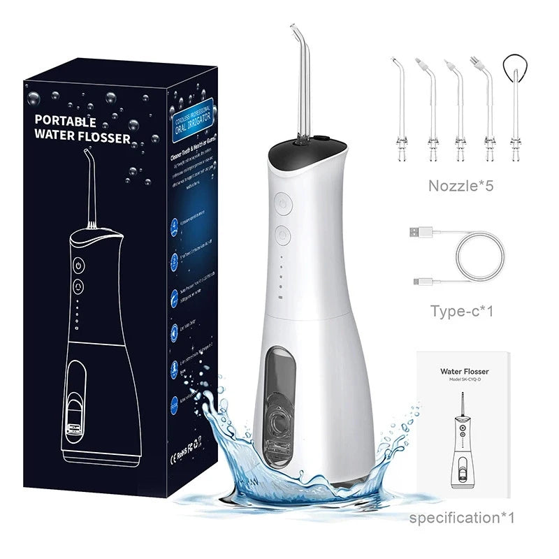A white portable dental water flosser device is shown next to its box, demonstrating the nozzle and water spray.