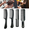 A set of four black anti-static carbon hair combs shown in various angles.