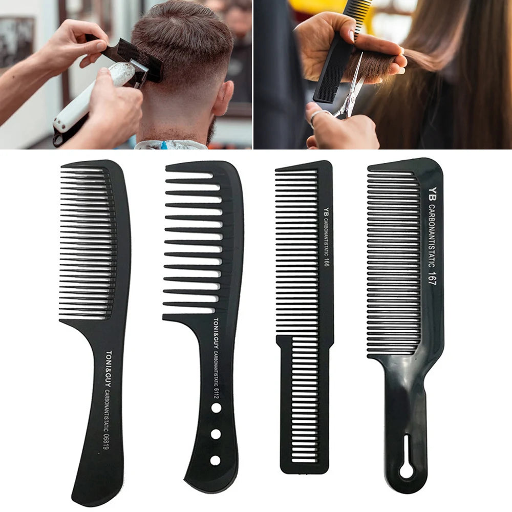 A set of four black anti-static carbon hair combs shown in various angles.