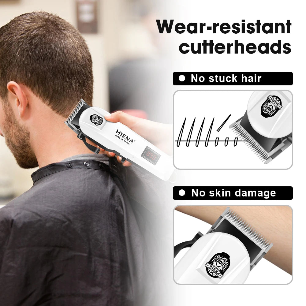 A man is using a white and black hair trimmer on his head, demonstrating its use for cutting hair.