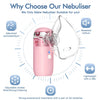 Nebulizador ultrasónico portátil rosa con diversas características destacadas por un diagrama circular.