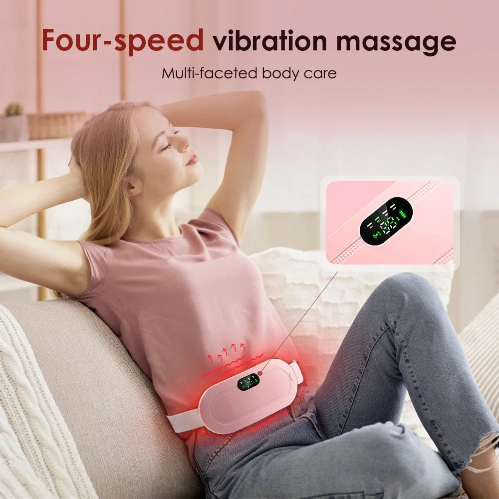 A woman is using a pink four-speed vibration massage belt for body care while relaxing.