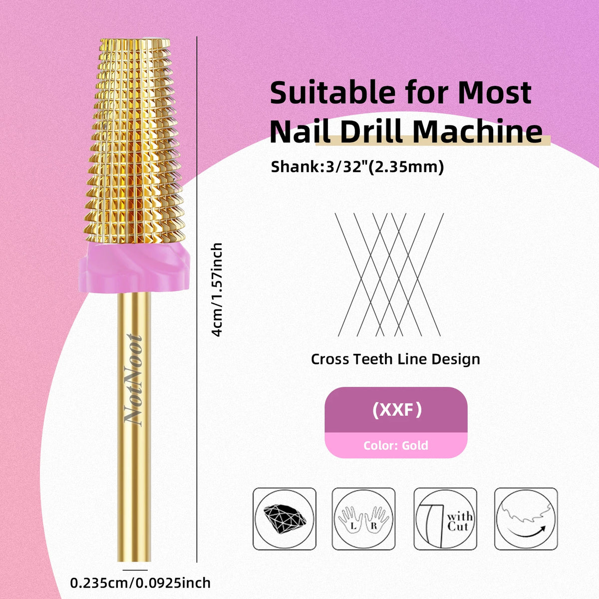 A gold-colored nail drill bit with a cross-teeth line design shown next to various usage diagrams.