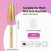 A gold-colored nail drill bit with a cross-teeth line design shown next to various usage diagrams.