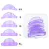 A set of purple 3D eyelash curlers and lifting tools sized XS to XL, shown next to a clear plastic container.