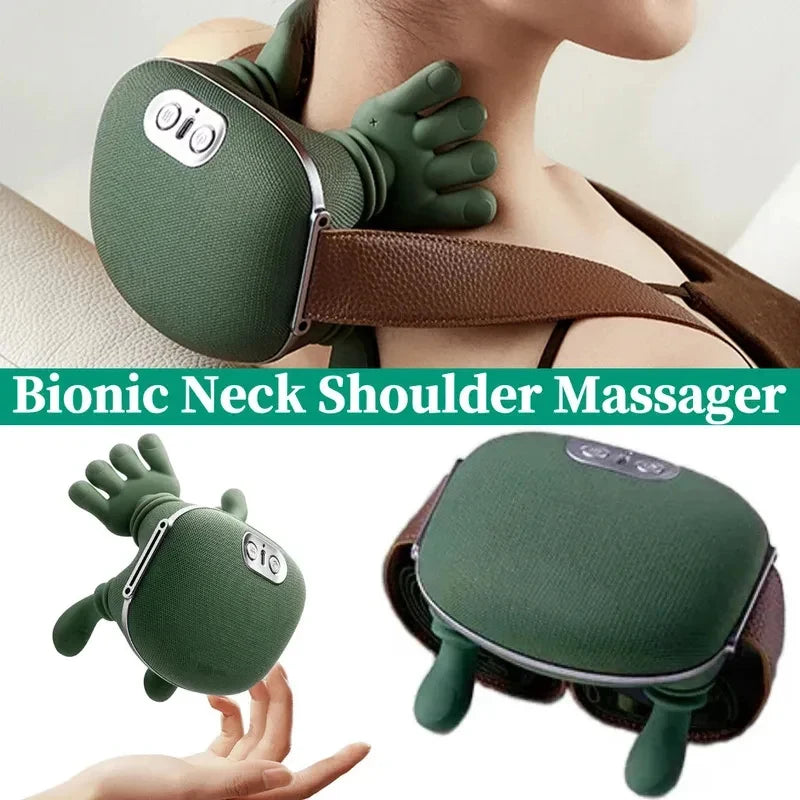A hand is holding a green shiatsu massager for neck and shoulder relief.