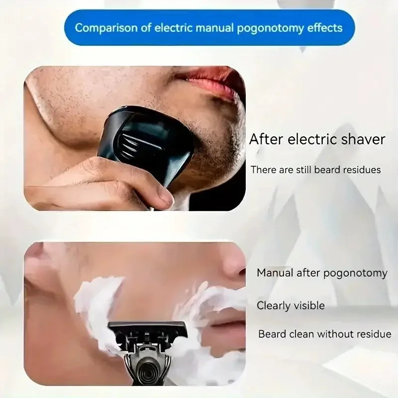 Comparaison de barbes avec et sans résidus après utilisation d'un rasoir électrique versus pogonotomie manuelle.