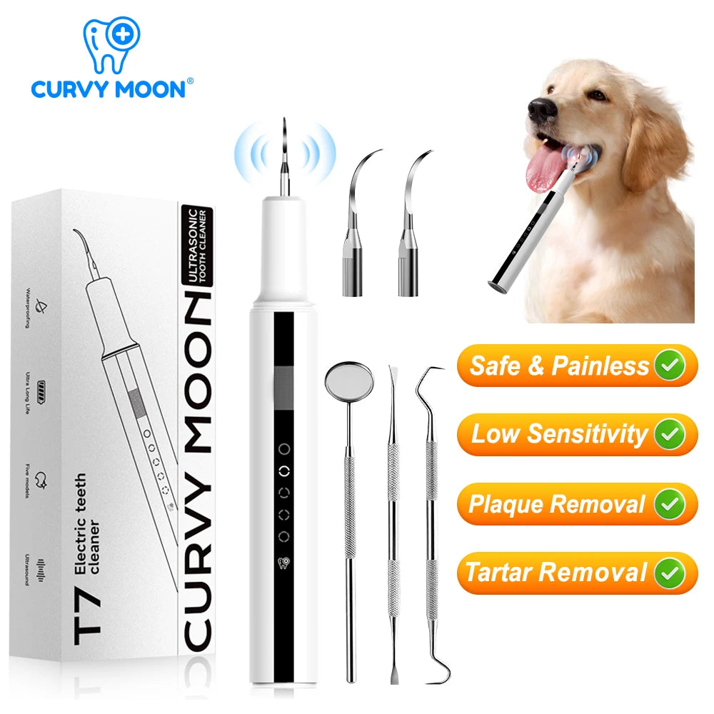 A package of Curvy Moon T7 electric ultrasonic tooth cleaner for pets, showing the device and cleaning tools.