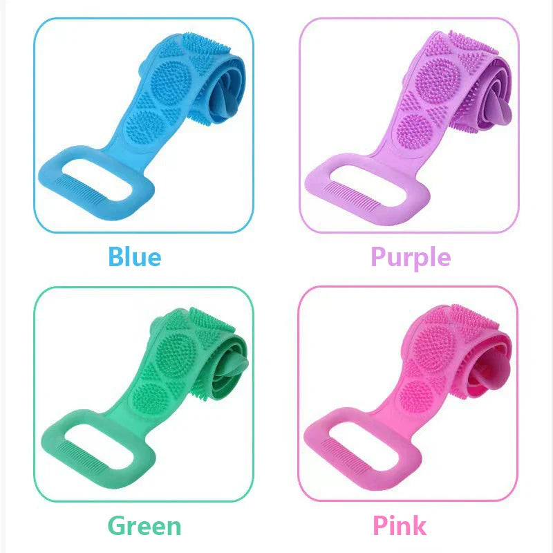 Four silicone exfoliating brushes in blue, purple, green, and pink shown with handles.