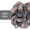 A close-up of a grey pink exfoliating mesh bath sponge.