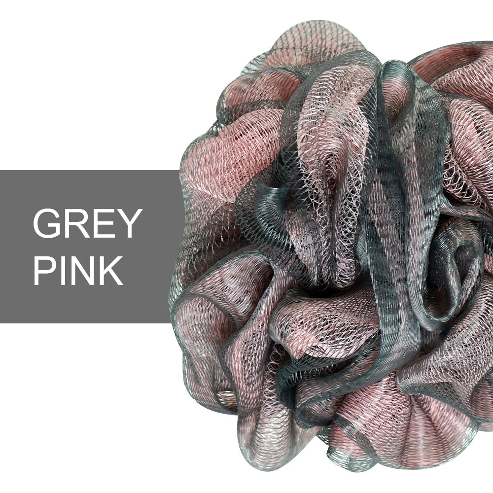 A close-up of a grey pink exfoliating mesh bath sponge.