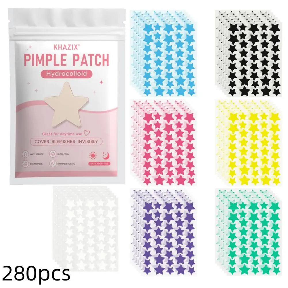 A variety of seven-color hydrocolloid pimple patches are displayed in packaging and individual sheets.