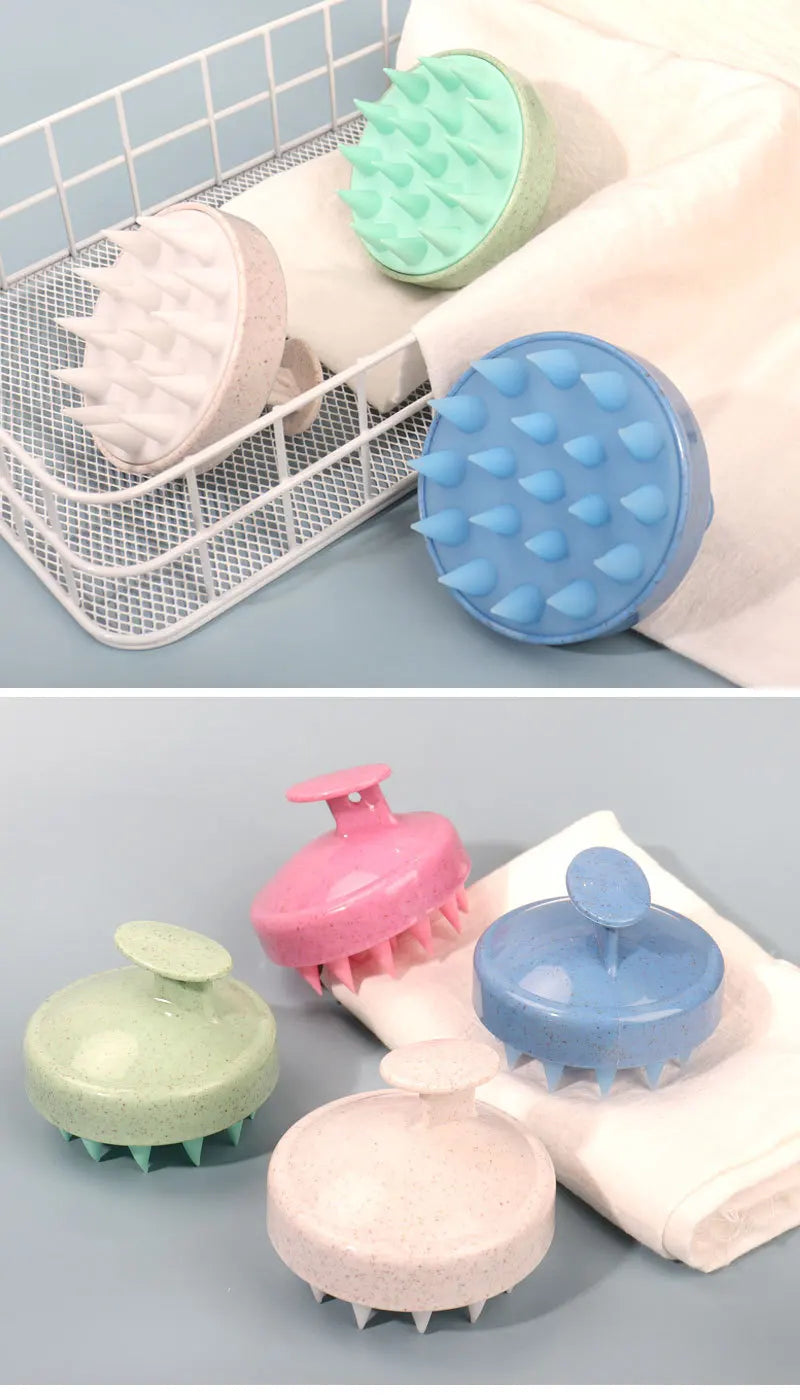 A collection of silicone scalp massage and body brushes in various shades of green, pink, and blue.