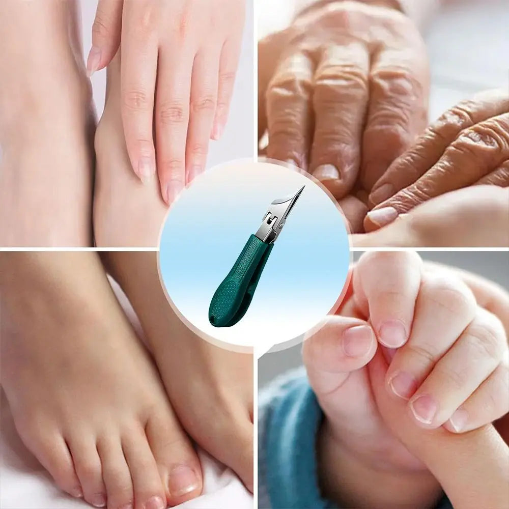 Close-up images showing a stainless steel slant edge nail clipper being used on fingers and toenails.