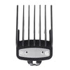 Black precision hair clipper guide comb set with six metal teeth and a silver base.