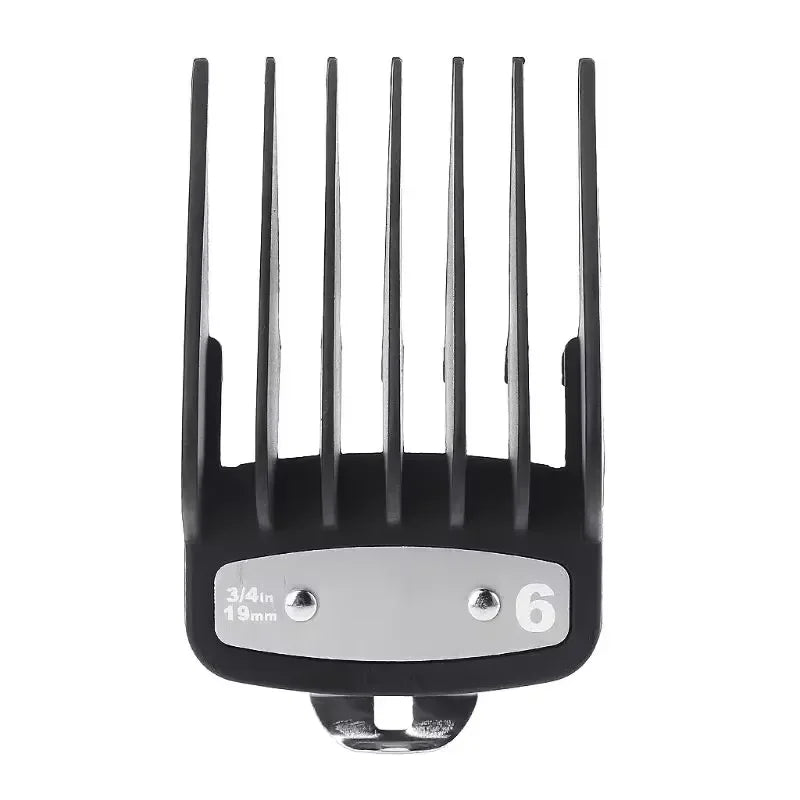 Black precision hair clipper guide comb set with six metal teeth and a silver base.