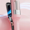 A pink automatic hair ends trimmer is shown with close-ups illustrating negative ions and hair strands.