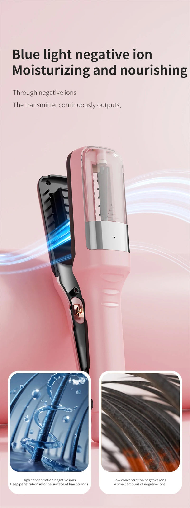 A pink automatic hair ends trimmer is shown with close-ups illustrating negative ions and hair strands.