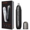 A black precision rechargeable nose hair trimmer with a silver cap shown next to its packaging box.