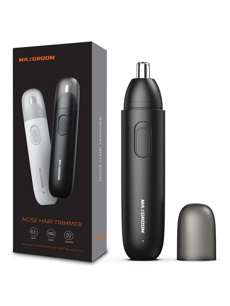 A black precision rechargeable nose hair trimmer with a silver cap shown next to its packaging box.