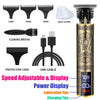 A set of professional wireless beard shaver trimmer components including various guards, a cleaning brush, protective case, U