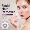 A woman is using a facial hair remover device on her face, showing the tool and its net structure.