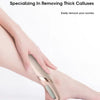 A hand is using a beige electric foot grinder on the sole of a foot for dead skin removal.