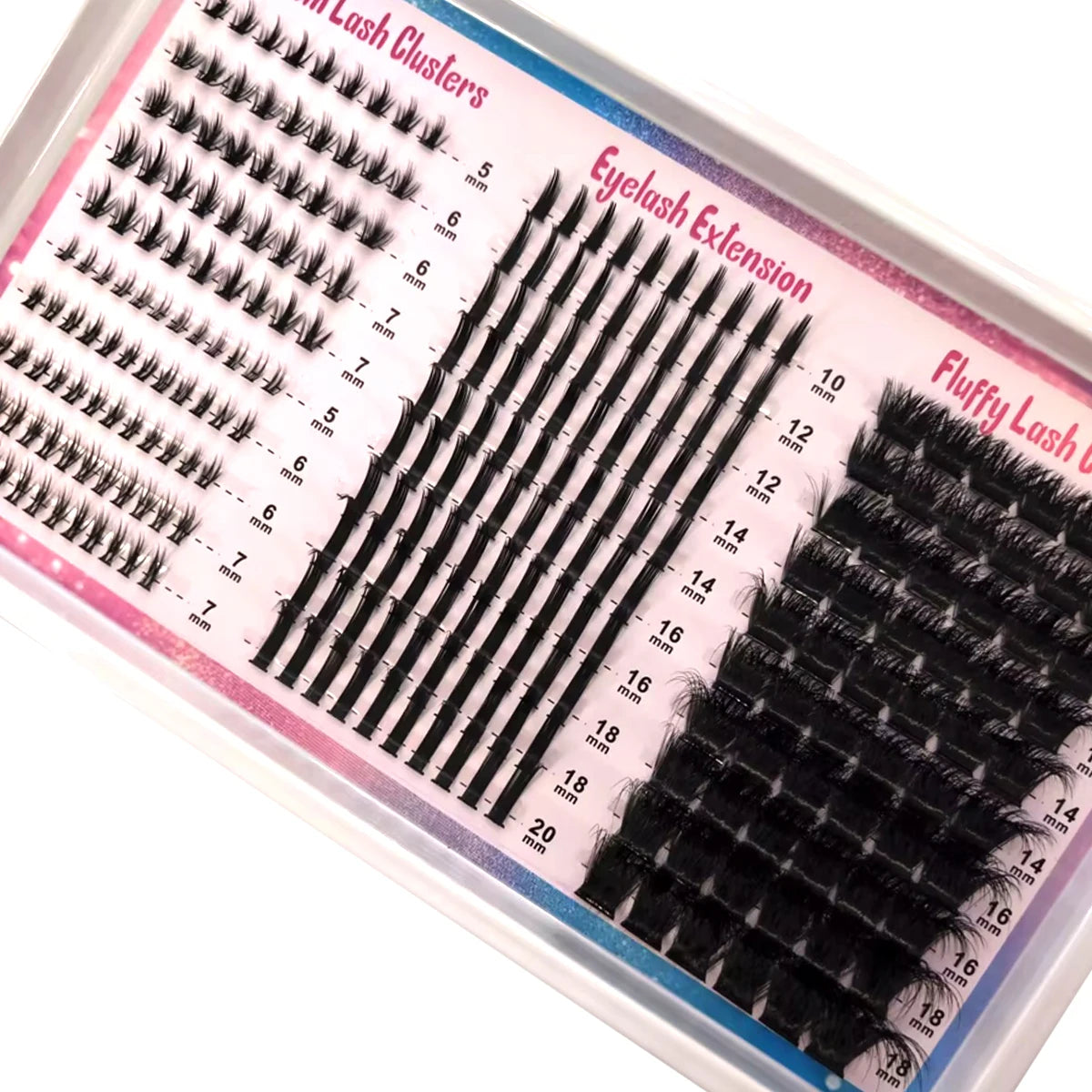Présentation de clusters de cils pointus DIY pour extensions de cils de salon, avec différentes longueurs et styles.