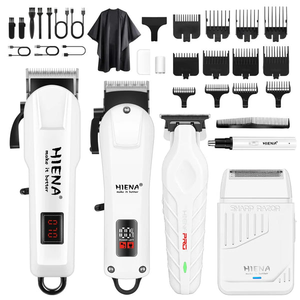 Colección de kits de recortadoras de pelo recargables profesionales HIENA, incluyendo varios aparatos y accesorios.