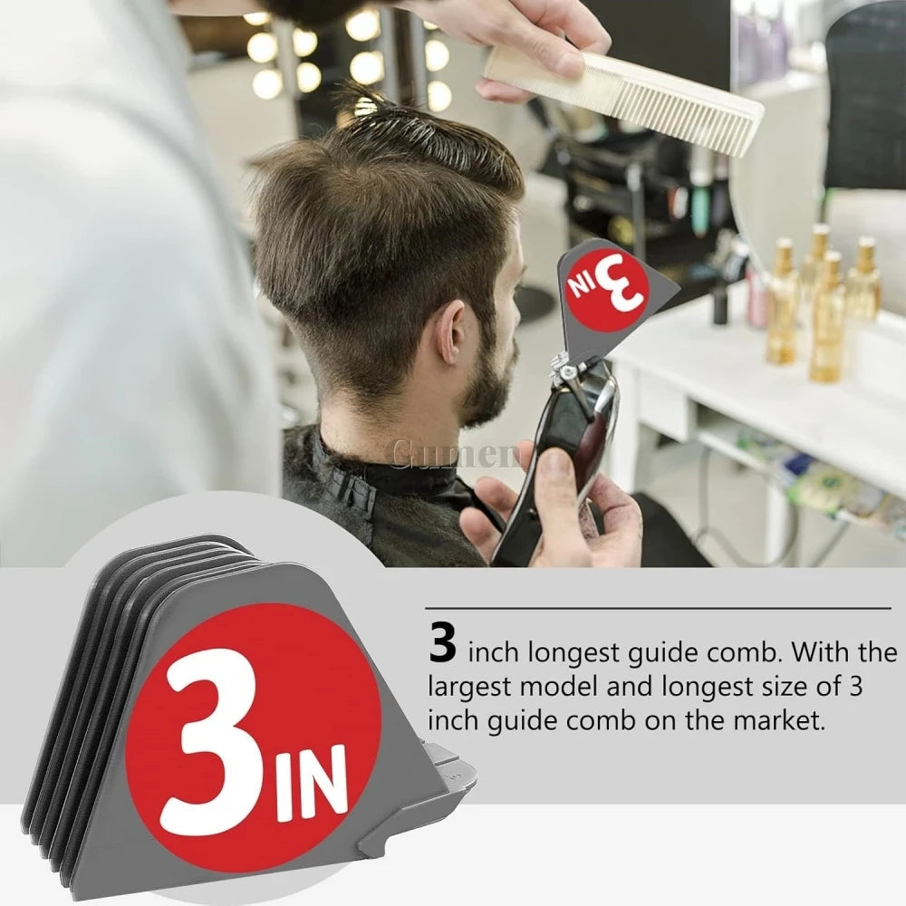 A hand is using a professional hair clipper guide comb, highlighting the largest 3 inch guide comb in a set.