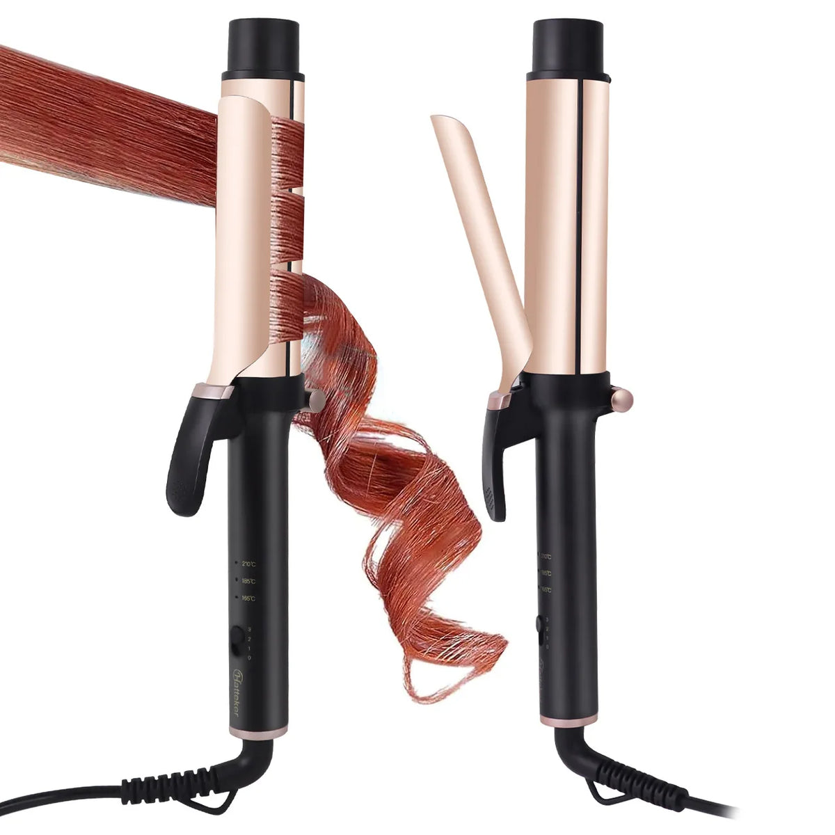 A professional ceramic curling iron with a black handle and rose gold barrel is shown next to a strand of reddish-brown hair.