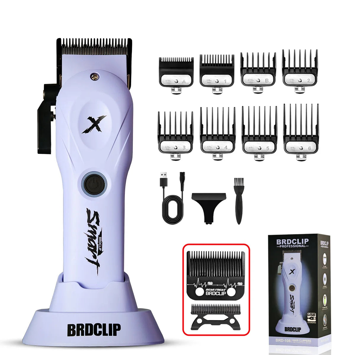 A purple BRDCLIP professional multi-function hair grooming kit with various combs and tools.