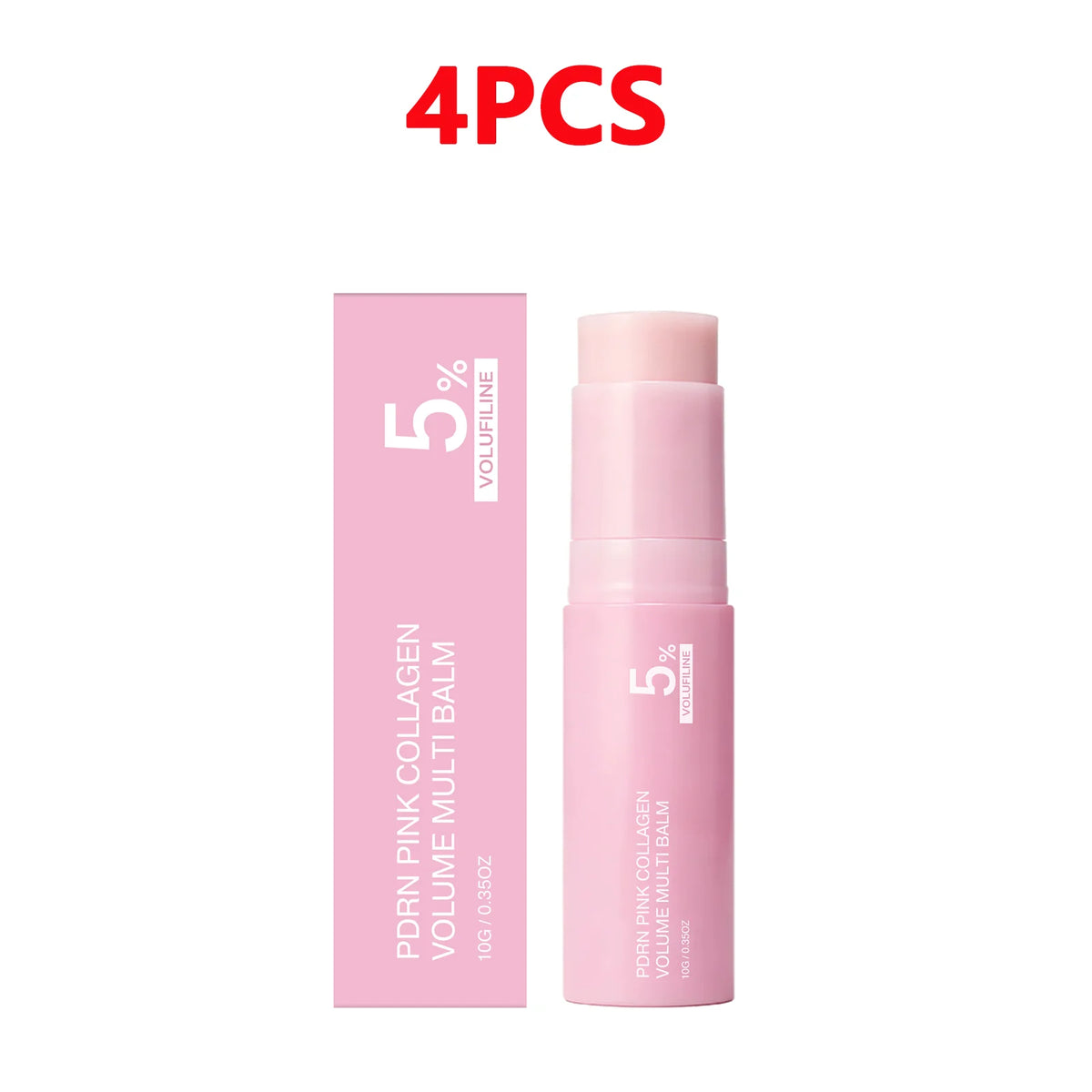Four sticks of PDRN Pink Collagen Volume Multi Balm sold in a pink packaging box.