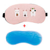 Un masque pour les yeux rose avec trois autocollants à thème animal blanc et un pack de glace bleu.