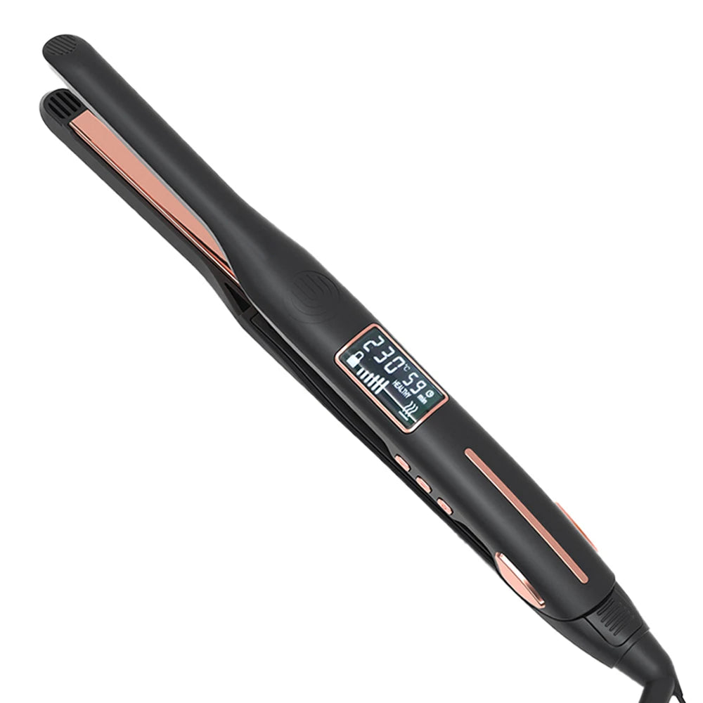 A black and rose gold professional ceramic flat iron tool shown diagonally.