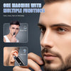 A man is shown using a rechargeable barber kit for nose hair and ear hair trimming.