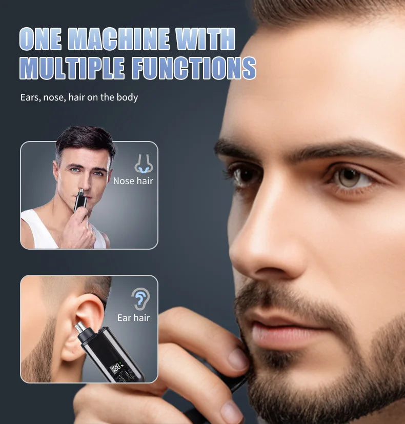 A man is shown using a rechargeable barber kit for nose hair and ear hair trimming.