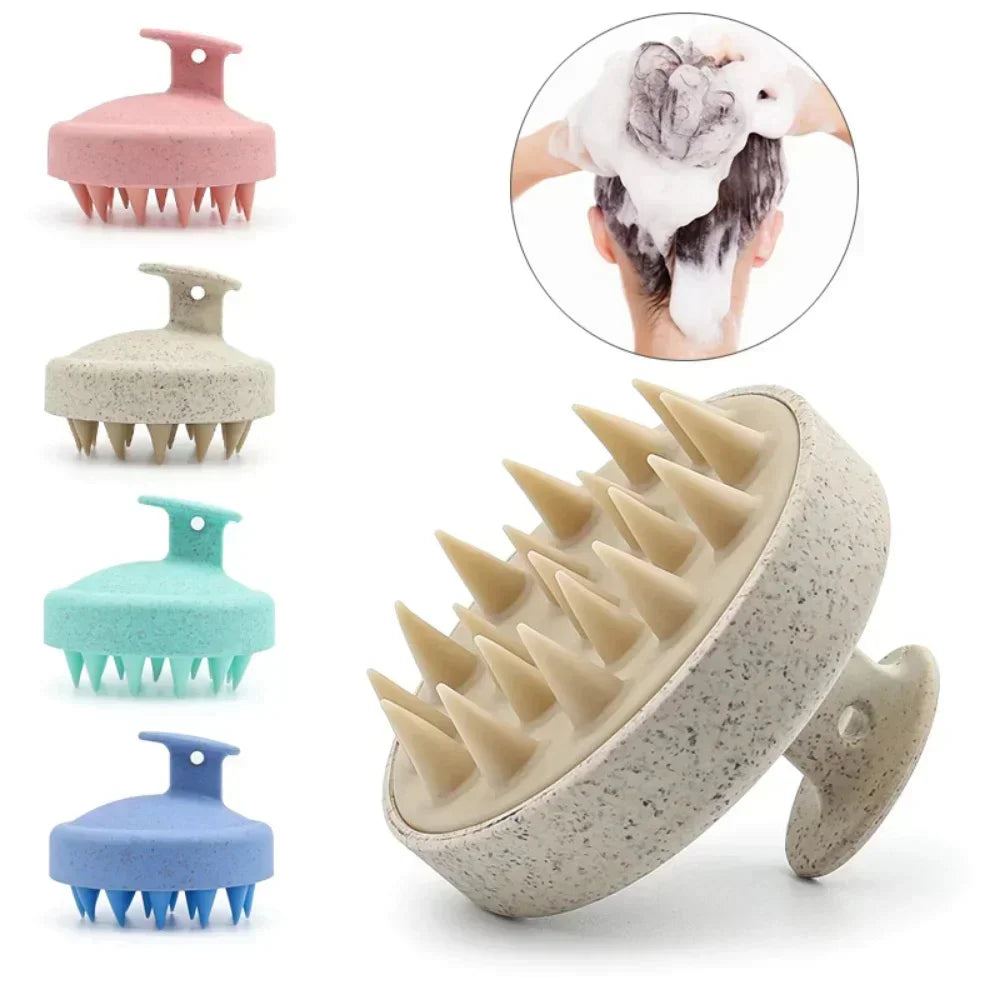 A collection of silicone body and scalp massage brushes in various colors including pink, beige, mint green, and blue.
