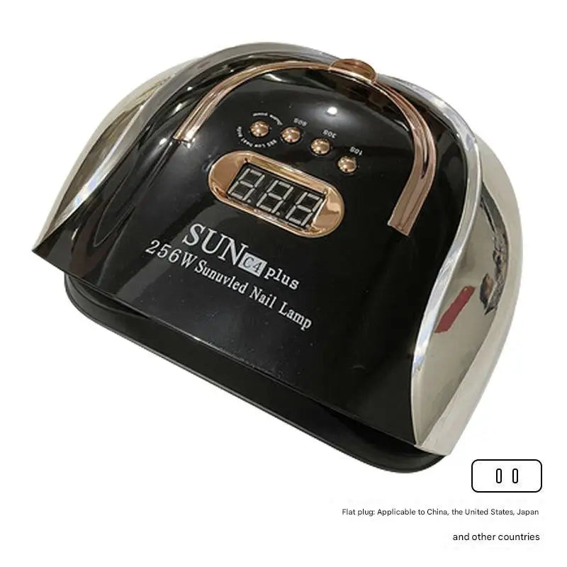 A black and silver sunvaved nail lamp with a digital display showing 888 and a gold-colored handle.
