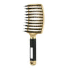 A gold-colored nylon bristle detangling comb with a black handle.