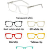 A display of clear eyeglasses frames in various colors including transparent white, black tortoise shell, off-white, red, yel