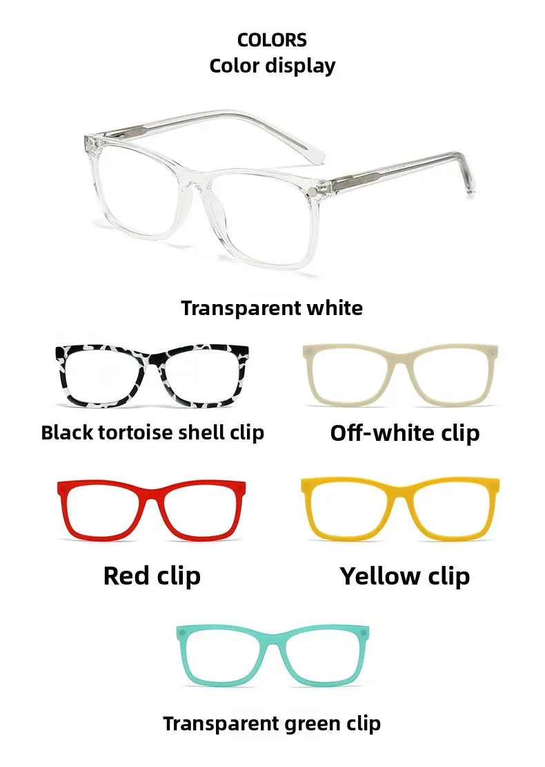 A display of clear eyeglasses frames in various colors including transparent white, black tortoise shell, off-white, red, yel