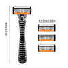 A precision multi-blade shaver with an orange and black design shown next to its dimensions.