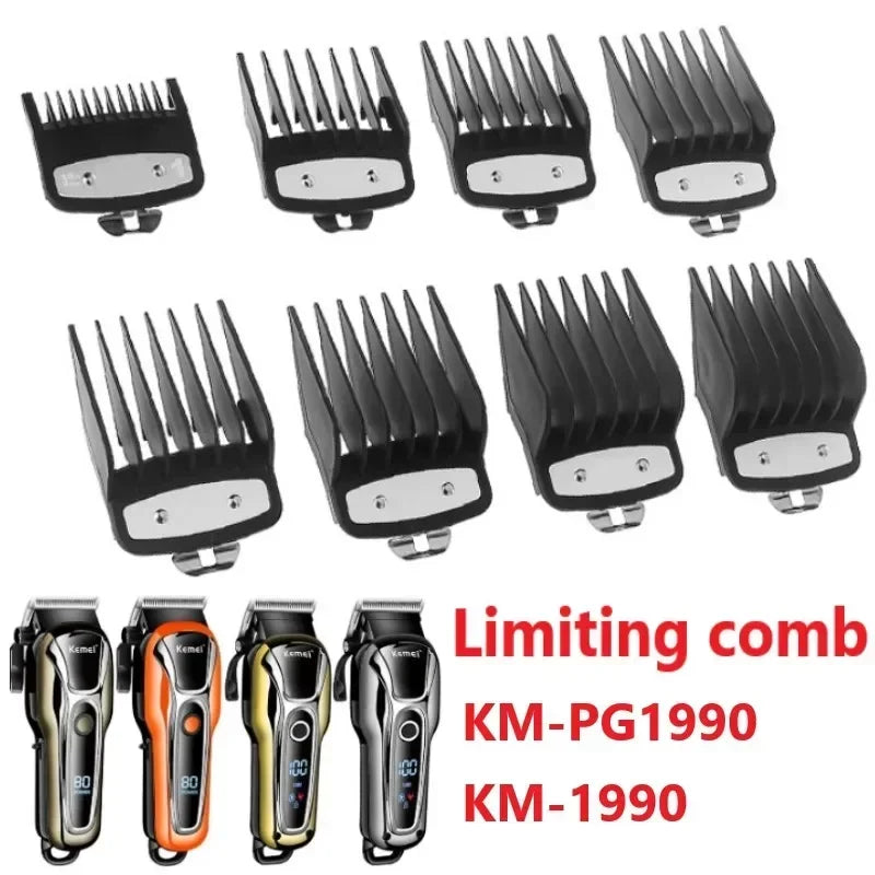 A set of black professional cordless hair trimmers with various guard attachments and a red and black box.