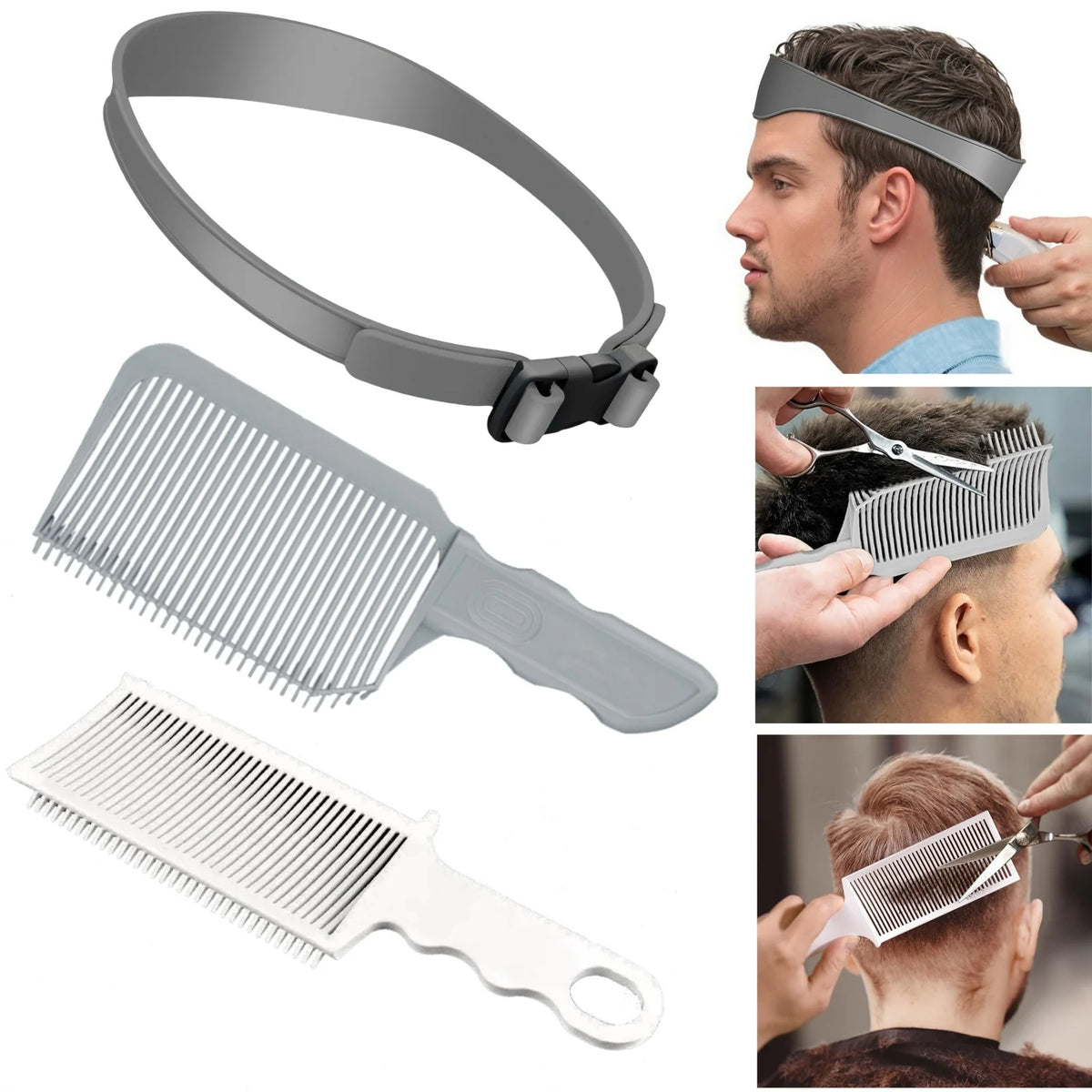 A set of professional flat top hair cutting combs and a flexible rubber band for hairstyling.